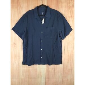 Gap Mens Shirt Sz XL Blue Linen Blend Button Up Short Sleeve Collared Pocket